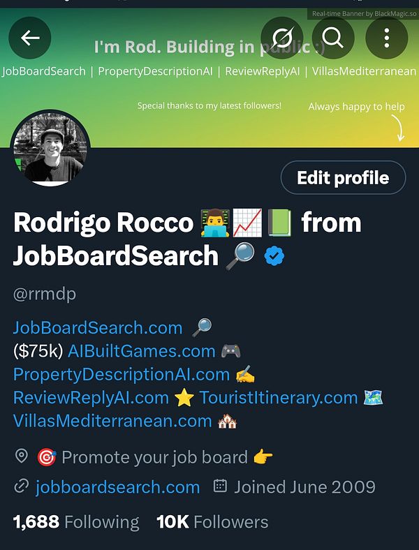 The image displays a Twitter profile belonging to Rodrigo Rocco, showcasing his professional details and follower count.
