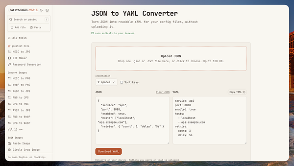 User interface of an online JSON to YAML converter tool showing JSON input on the left and YAML output on the right with options for indentation and file uploading.