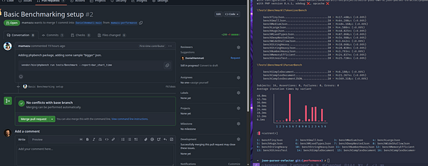 The image displays a GitHub pull request interface alongside a terminal output showing benchmarking results for a JSON parser.