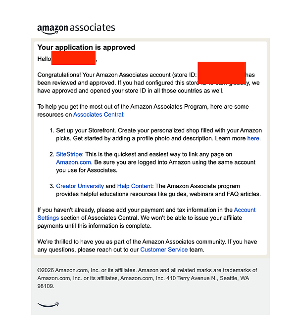 Screenshot of the Amazon Associates application dashboard showing approval status, earnings details, and navigation menu.