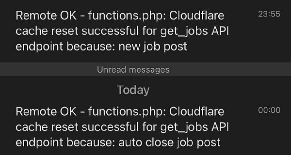 The image displays a messaging interface showing successful cache reset notifications from a system related to job postings.