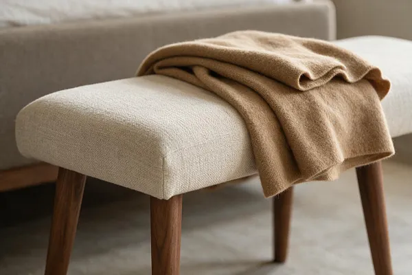 A close-up of a simple upholstered bench with a light beige fabric seat and tapered walnut wood legs. A warm camel blanket is casually draped over the top, creating a soft transitional look in a neutral room.