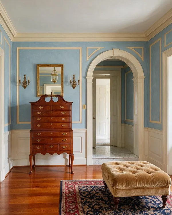 A traditional entryway with blue walls, cream trim, and decorative molding. The room features a tall mahogany chest, an ornate gilt mirror, brass sconces, a tufted velvet ottoman, and a patterned rug on polished wood floors.
