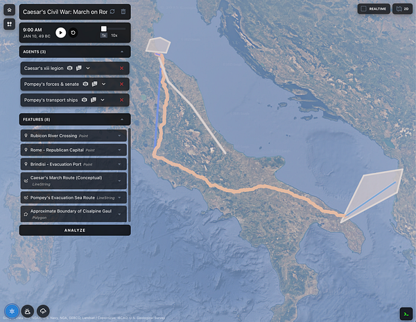 The image displays a detailed map illustrating the routes and features related to Caesar's Civil War.