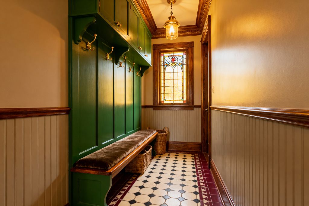 A narrow Victorian-style mudroom with emerald green built-in lockers featuring brass hooks and a long cushioned bench, wicker baskets below, and beadboard wainscoting capped with stained wood. Cream hex tiles with black dots and a burgundy border lead to a leaded stained-glass window, while an antique-brass pendant and ornate crown molding cast warm, golden light.