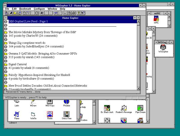 The image displays a vintage computer interface running WS Gopher, showcasing a Hacker News live feed.