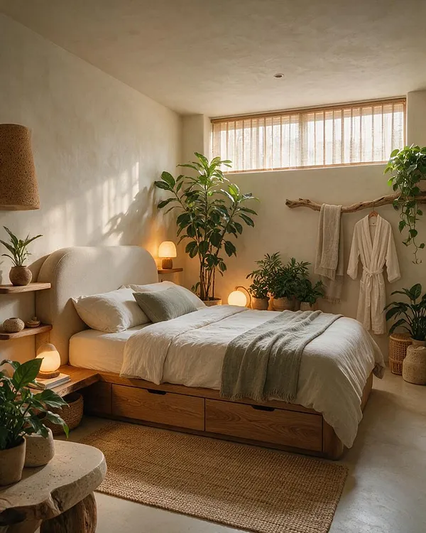 A serene guest bedroom with a low wooden bed, cream bedding, and soft green throws, surrounded by many potted plants. The room has textured white walls, a woven rug, warm lighting, and natural wood and rattan accents, with a small high window filtered by sheer curtains.