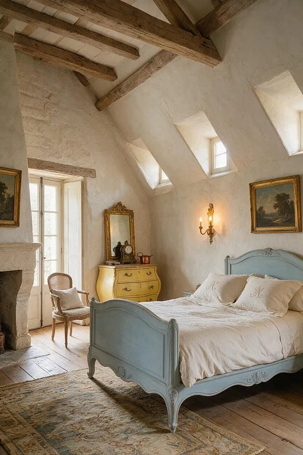 A cozy French Country master bedroom with exposed wooden beams, sloped plaster walls, and small dormer windows. A pale blue carved bed with cream bedding sits on a vintage patterned rug, paired with a yellow dresser, wicker chair, framed art, and a glowing wall sconce.