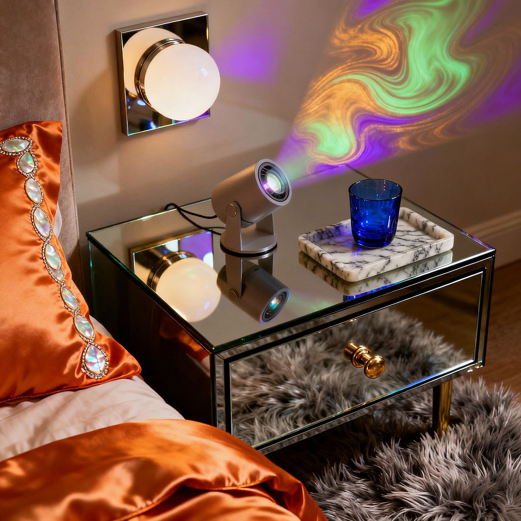 A close-up of a glam bedroom nightstand in psychedelic style. A mirrored bedside table with a gold knob and legs holds a small projector that casts swirling green, purple, and amber light onto a taupe wall. A cobalt blue glass sits on stacked white marble trays. An opal-glass wall sconce and reflective surfaces intensify the colors. Burnt-orange satin bedding with iridescent jeweled trim borders the bed, and a gray faux-fur rug lies beneath the nightstand.