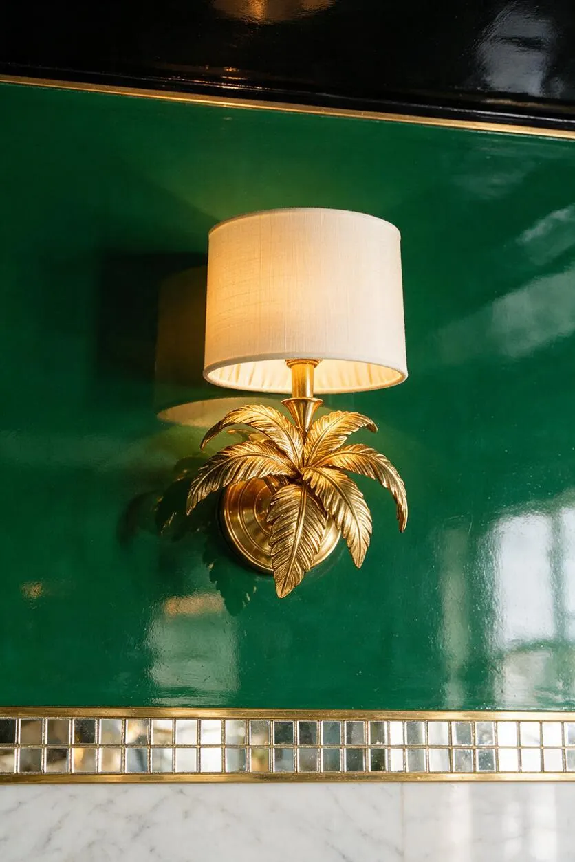 A Hollywood Regency wall sconce with a white drum shade and a gold palm leaf base mounted on a glossy emerald green wall. Below it, a gold mirrored mosaic border sits above a white marble surface, creating a luxe, dramatic contrast.