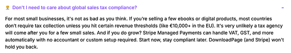 The image features a FAQ entry addressing global sales tax compliance for small businesses using Stripe.