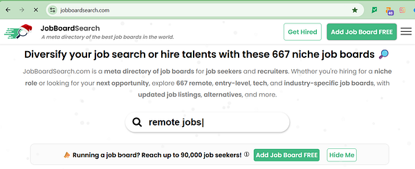 The image displays the homepage of JobBoardSearch.com, featuring a search bar and various promotional elements for job seekers and recruiters.