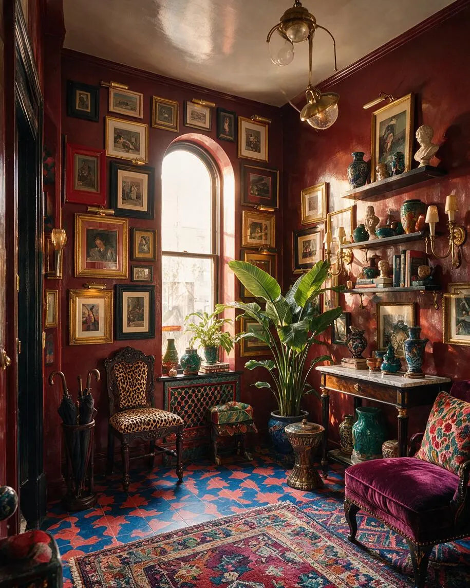 A dramatic maximalist entryway with deep burgundy walls, a tall arched window, and an eclectic gallery of framed artwork filling the walls. The room includes velvet and leopard-print chairs, brass wall sconces, floating shelves with books and ceramics, a large potted plant, patterned tile flooring, and a richly detailed area rug.