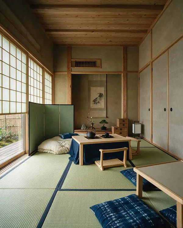 A Japanese Zen-style sunroom with tatami mat flooring, shoji-style sliding windows, and warm natural wood ceiling and trim. Low wooden tables, floor cushions, a green folding screen, and a simple wall scroll create a calm, minimal atmosphere.