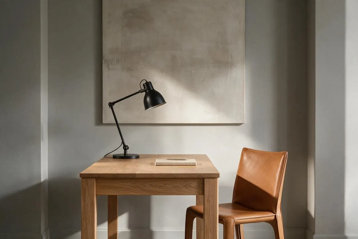 A small transitional-style desk nook with a light wood table, a black adjustable desk lamp, and a caramel leather chair. A large neutral abstract artwork hangs above, and soft natural light creates gentle shadows on the muted gray walls.