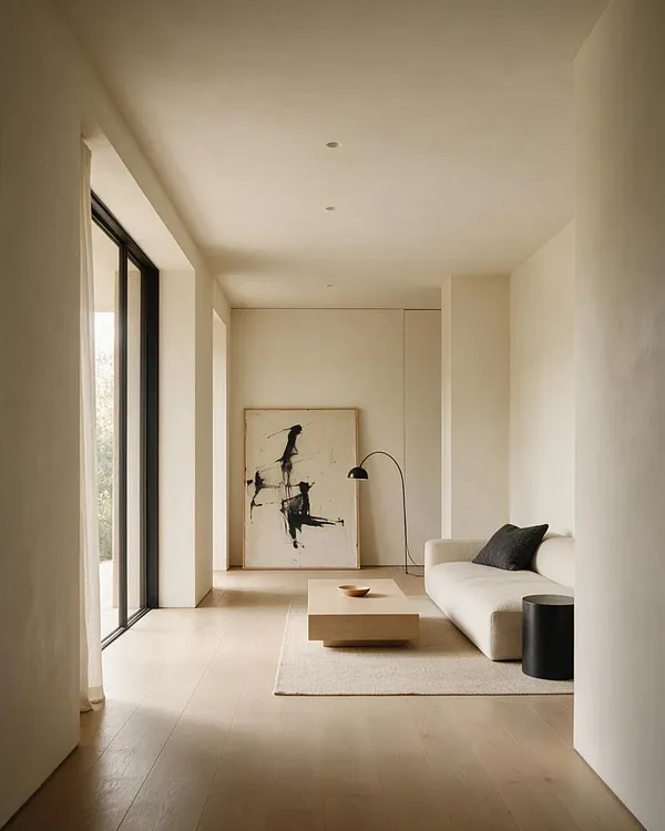A minimalist living room with pale wood floors, cream walls, and a low white sofa arranged beside a small rectangular coffee table on a light rug. An abstract black-and-white painting leans against the back wall near a black arched floor lamp, while a large black-framed window brings in soft natural light.