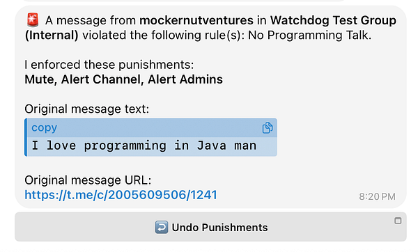 The image displays a Telegram interface showing a message about a rule violation in a group chat.
