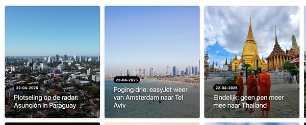 The image features a grid of three blog post previews with scenic backgrounds and titles in Dutch.