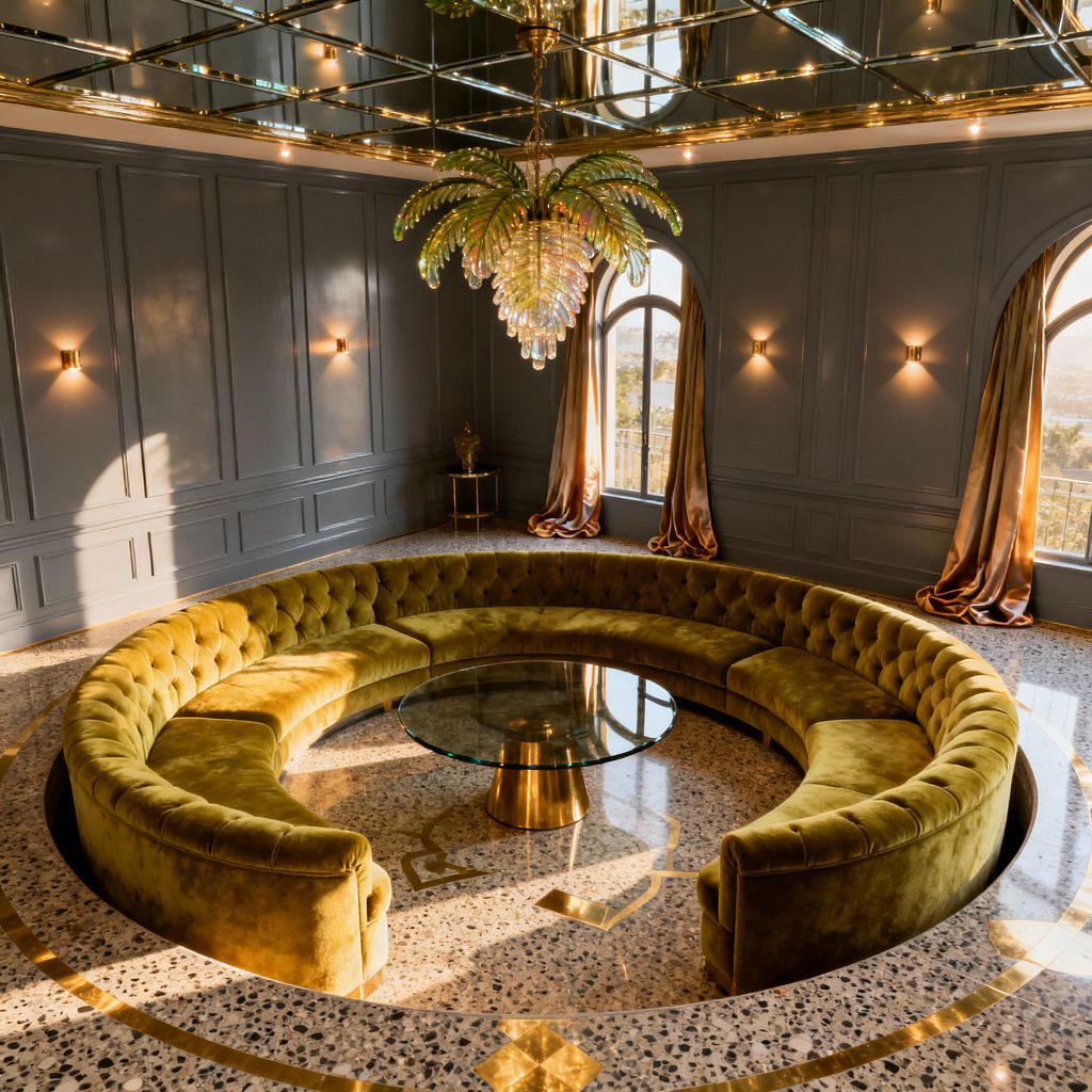 A glamorous living room with a sunken circular olive velvet tufted sectional around a round glass coffee table on a brass pedestal, set in speckled terrazzo with brass inlays. Gray-blue paneled walls and arched windows with gold satin drapes reflect in a gridded mirrored ceiling, while a palm-style glass chandelier and brass sconces create warm, theatrical light.