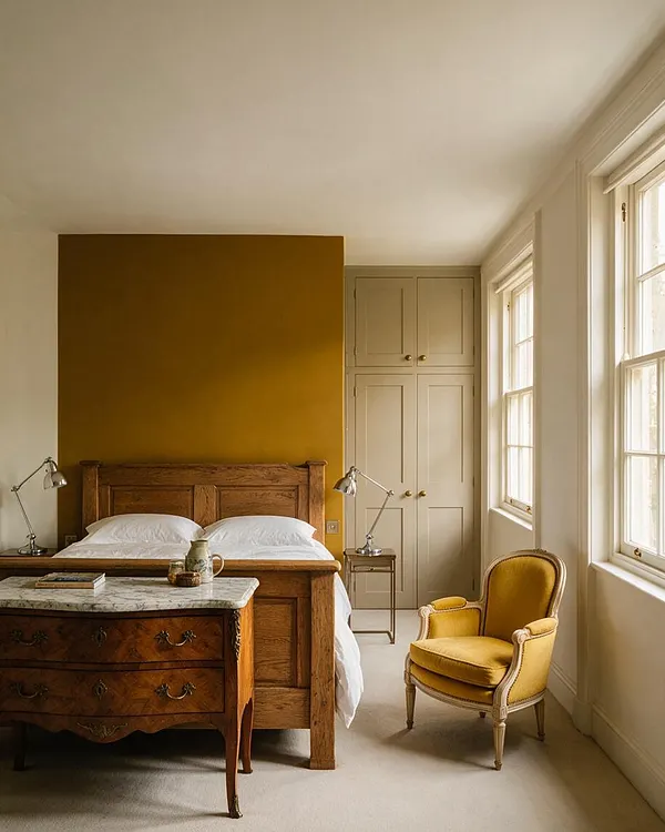 A master bedroom with a rustic wooden bed against a deep mustard accent wall, paired with cream built-in wardrobes and tall windows on the right. An ornate wood dresser with a marble top sits in the foreground, and a mustard yellow upholstered armchair adds a tailored, vintage touch.