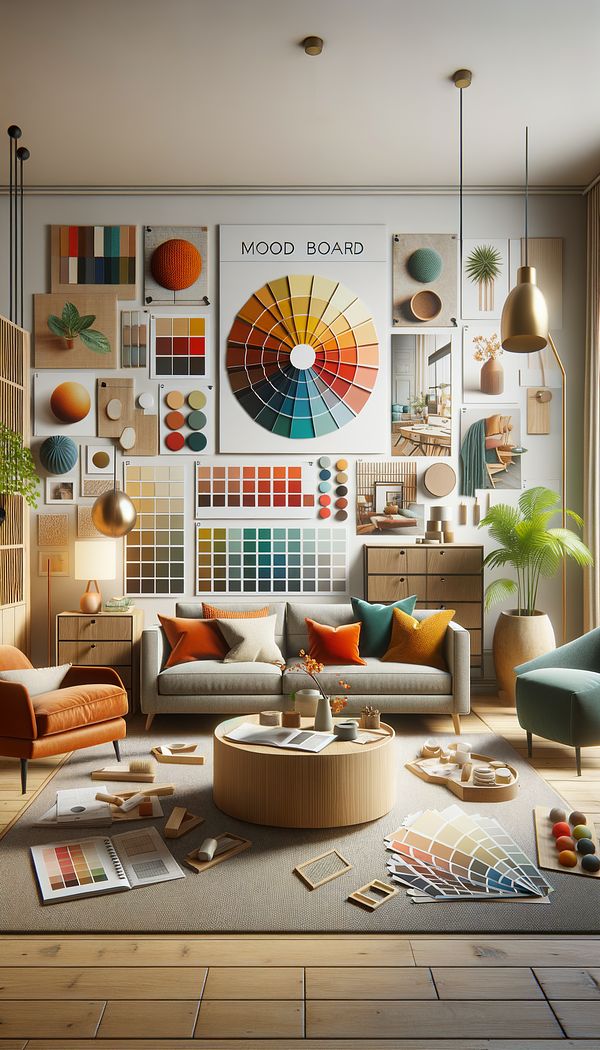 An interior design mood board featuring swatches and samples of tertiary colors, including red-orange, yellow-green, and blue-green, alongside complementary furnishings and accessories.