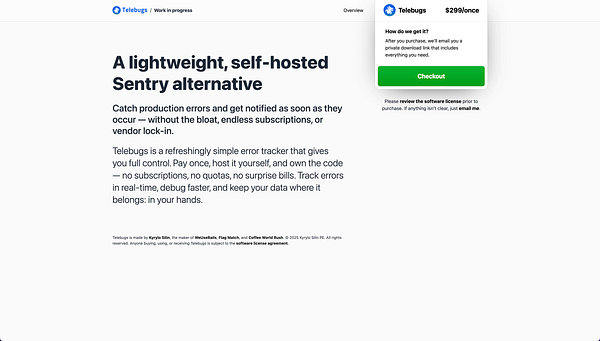 The image displays a landing page for Telebugs, a self-hosted error tracking tool.