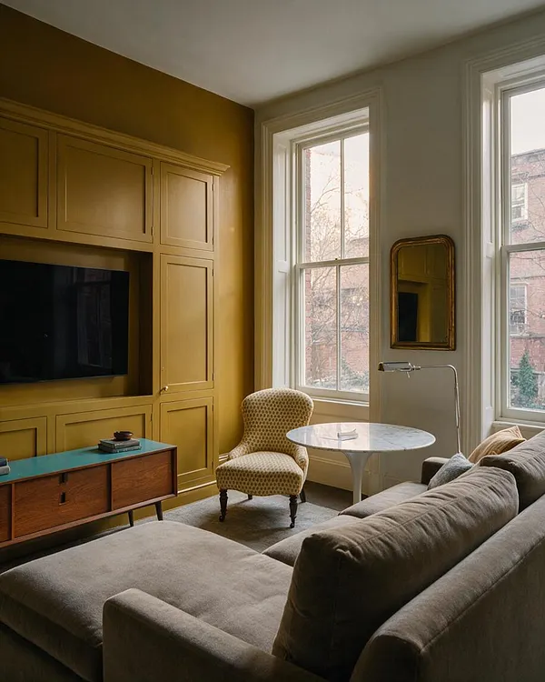 A cozy eclectic media room with a large built-in wall painted mustard yellow, surrounding a wall-mounted television and paneled cabinetry. A gray sectional sofa, patterned accent chair, white round table, and tall windows with white trim create a layered, light-filled seating area.
