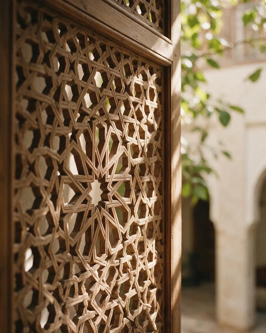 A close-up view of an ornate carved wooden lattice screen with geometric Moroccan patterns in warm natural wood tones. Soft sunlight filters through the openwork design, with blurred greenery and pale stucco architecture in the background.
