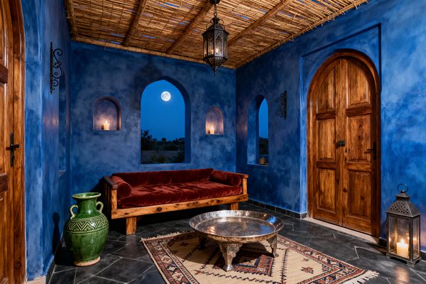 A Moroccan-style living room with deep cobalt plaster walls features arched niches lit by candles and a central arched window framing a moonlit sky. A rustic solid-wood daybed with wine-red velvet cushions sits under a woven reed ceiling. A pierced metal pendant lantern hangs above a low hammered metal round table on a patterned kilim over dark stone tiles. An arched wooden door and a green glazed ceramic urn complete the intimate setting.