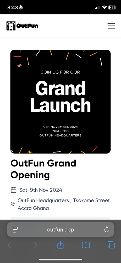 The image displays a mobile webpage promoting the OutFun Grand Launch event.