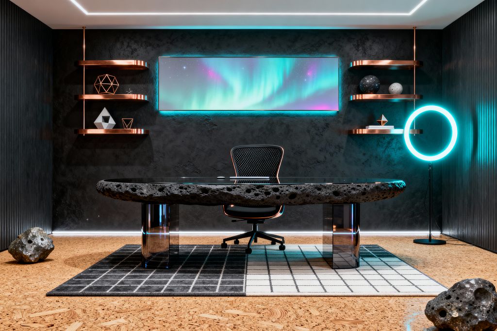 A Cosmic Chic home office centers on a glass-topped desk with a porous, meteorite-like stone edge set on mirror-chrome pedestals, facing a black mesh office chair. A charcoal textured wall holds a wide, backlit aurora artwork, with copper floating shelves displaying geometric objects and planet-like spheres. A cyan neon ring lamp stands to the right, while cork flooring and a split black-and-white grid rug ground the scene with cove and base LED lighting.