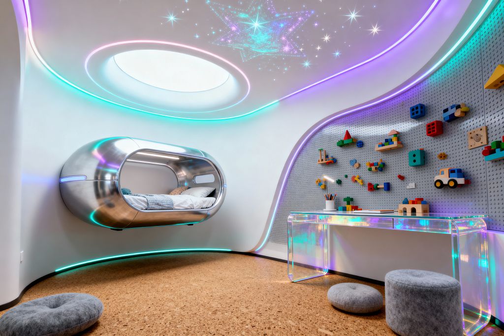 A futuristic kids’ room features a wall-mounted metallic pod bed with rounded windows set against curving white walls trimmed with color-shifting LED strips in cyan and violet. A perforated metal play wall displays colorful blocks above an iridescent acrylic desk, while a cork floor and gray felt poufs ground the space; the ceiling shows a starry galaxy motif with a circular skylight-like opening that fills the room with soft light.