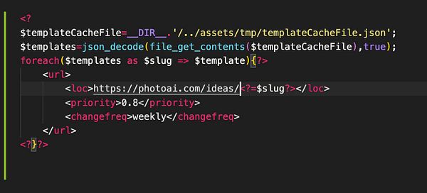 The image displays a code snippet for generating sitemap entries in PHP.