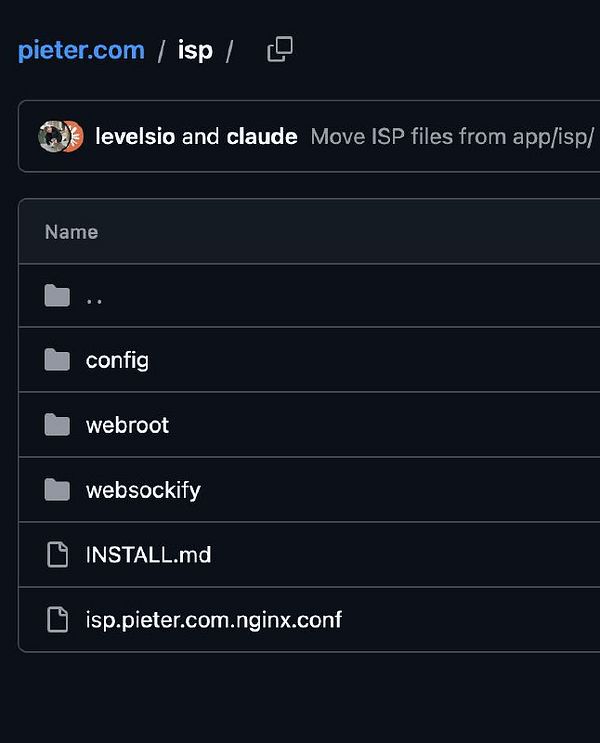 Screenshot of a web browser displaying the Pieter.net site content within the ISP folder on GitHub.