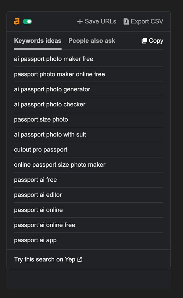 The image displays a list of keyword ideas related to AI passport photo services.