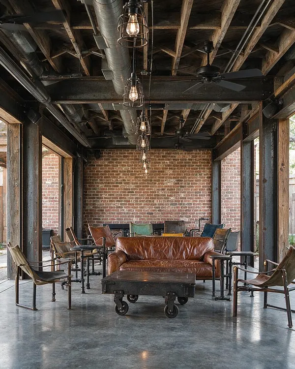 A covered backyard lounge with exposed wood rafters, black steel beams, ductwork, and hanging cage pendant lights. A brown leather sofa sits in the center with vintage metal-framed chairs around it, set against a red brick wall and polished concrete floor.