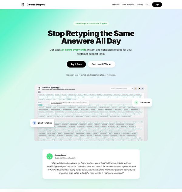 The image features a promotional webpage for the Canned Support tool, showcasing its user interface and customer testimonial.