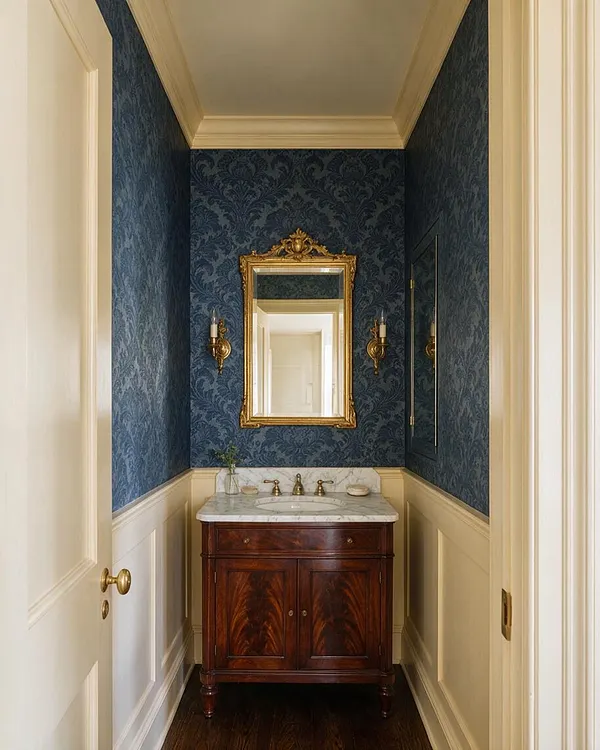 A narrow traditional powder room with deep navy floral wallpaper above cream wainscoting, a gilded ornate mirror, and matching brass sconces flanking it. Below, a dark wood vanity with a white marble top and brass faucet sits on dark hardwood flooring, creating a classic, refined look.