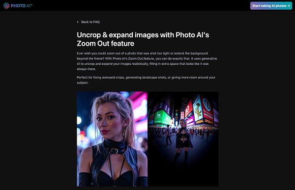 The image features a promotional FAQ page for Photo AI's Zoom Out feature, showcasing an example of its application.