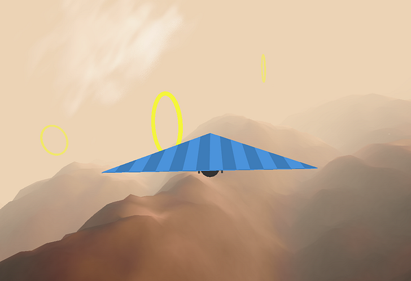 A stylized glider is soaring over a mountainous landscape with a hazy background.