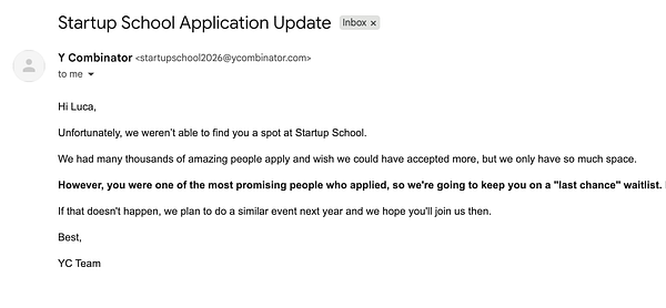 Screenshot of a Tweet discussing rejection from YC Startup School and frustration about partner acceptance.