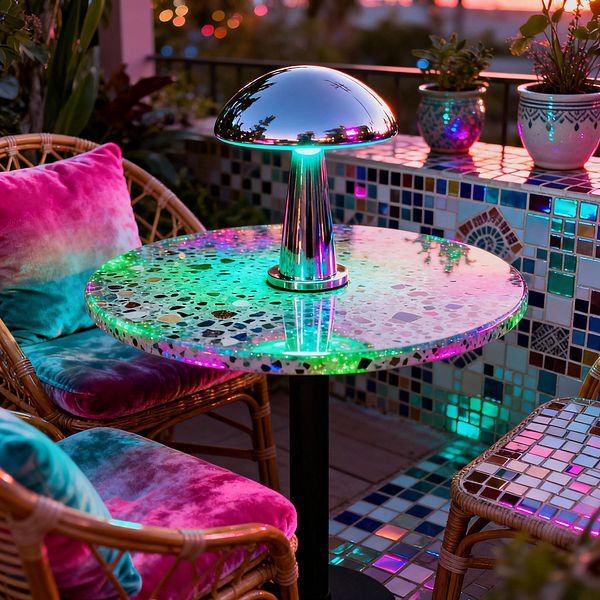 Close-up of a small patio at dusk featuring a round terrazzo table with a chrome mushroom lamp that casts neon green, magenta, and teal light. Rattan chairs with plush tie-dye cushions surround the table. A built-in ledge and floor show iridescent glass mosaic tiles, with ceramic planters along the rail. Reflections and saturated color create a playful, psychedelic atmosphere with shimmering surfaces and glowing accents.