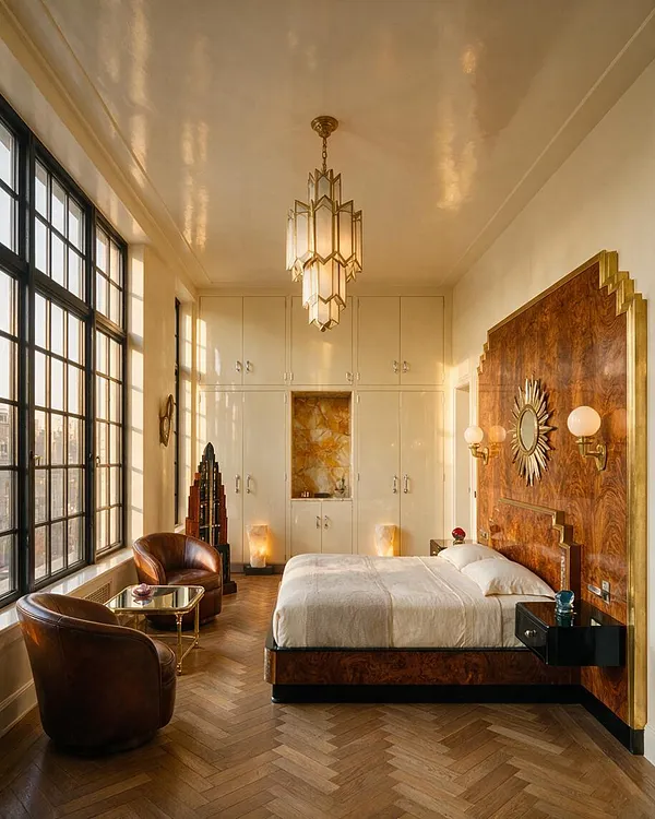 A luxurious Art Deco master bedroom with a large wood-paneled bed wall, geometric brass chandelier, and herringbone wood floor. Tall black-framed windows line the left side, while two brown leather lounge chairs and a small gold side table create a seating area near the bed.