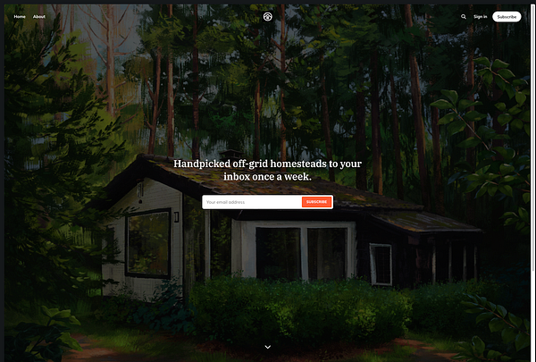 A visually appealing newsletter homepage featuring a rustic homestead surrounded by trees.