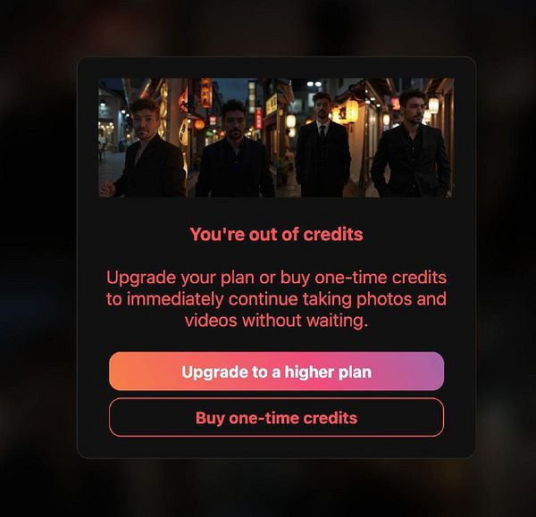 A notification interface indicating that the user is out of credits for a photo and video service.