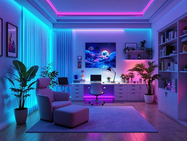 A modern, stylish home office featuring vibrant LED lighting and contemporary decor.