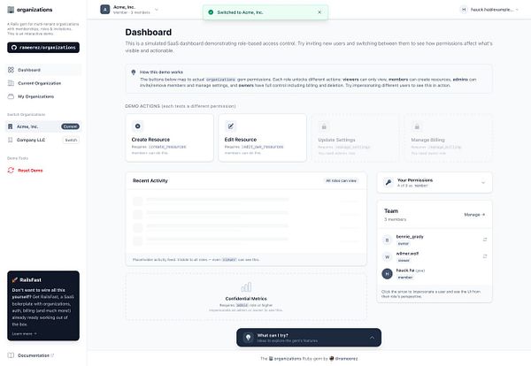 Screenshot of an interactive SaaS dashboard interface for managing organizations, members, invitations, and permissions.