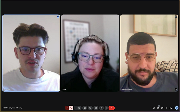 A video call featuring three participants discussing strategies for engaging with large clients.