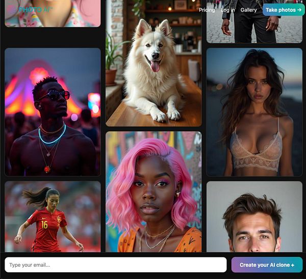 A collage of diverse images featuring people, a dog, and a user interface for a photo-related application.