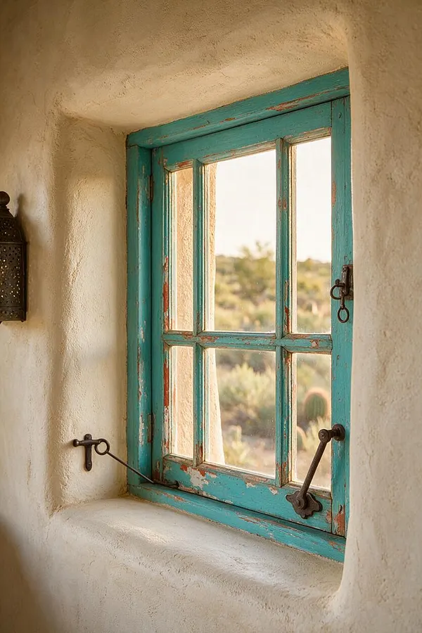 A small rustic window with a weathered turquoise wood frame set into a thick white adobe wall. Black wrought iron latches and a textured lantern add Southwestern character, while soft desert scenery is visible through the glass.